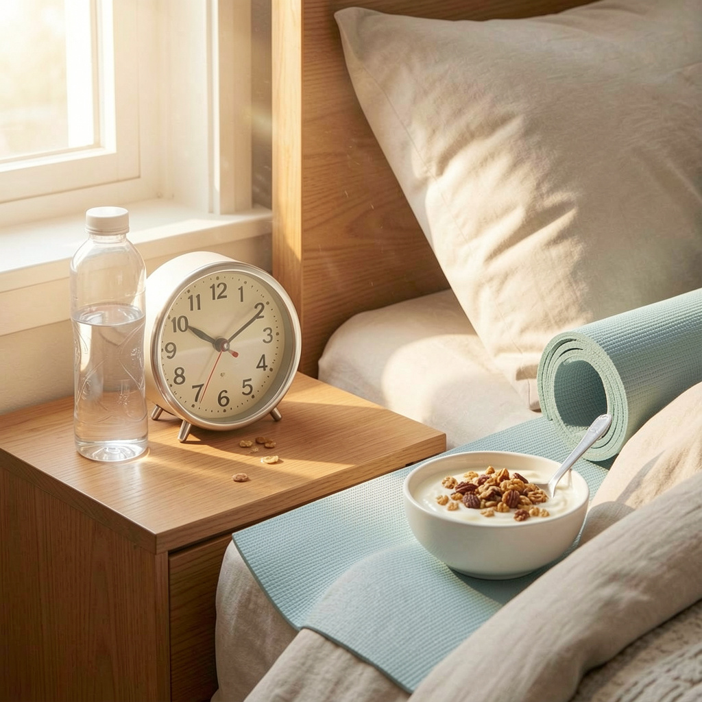 Aamun rutiinien visualisointi: kello, vesi, liikunta, aamupala